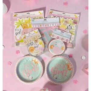 Girl Baby Shower Decor Lot - Animal Theme - Plates Banner Centerpiece Garland